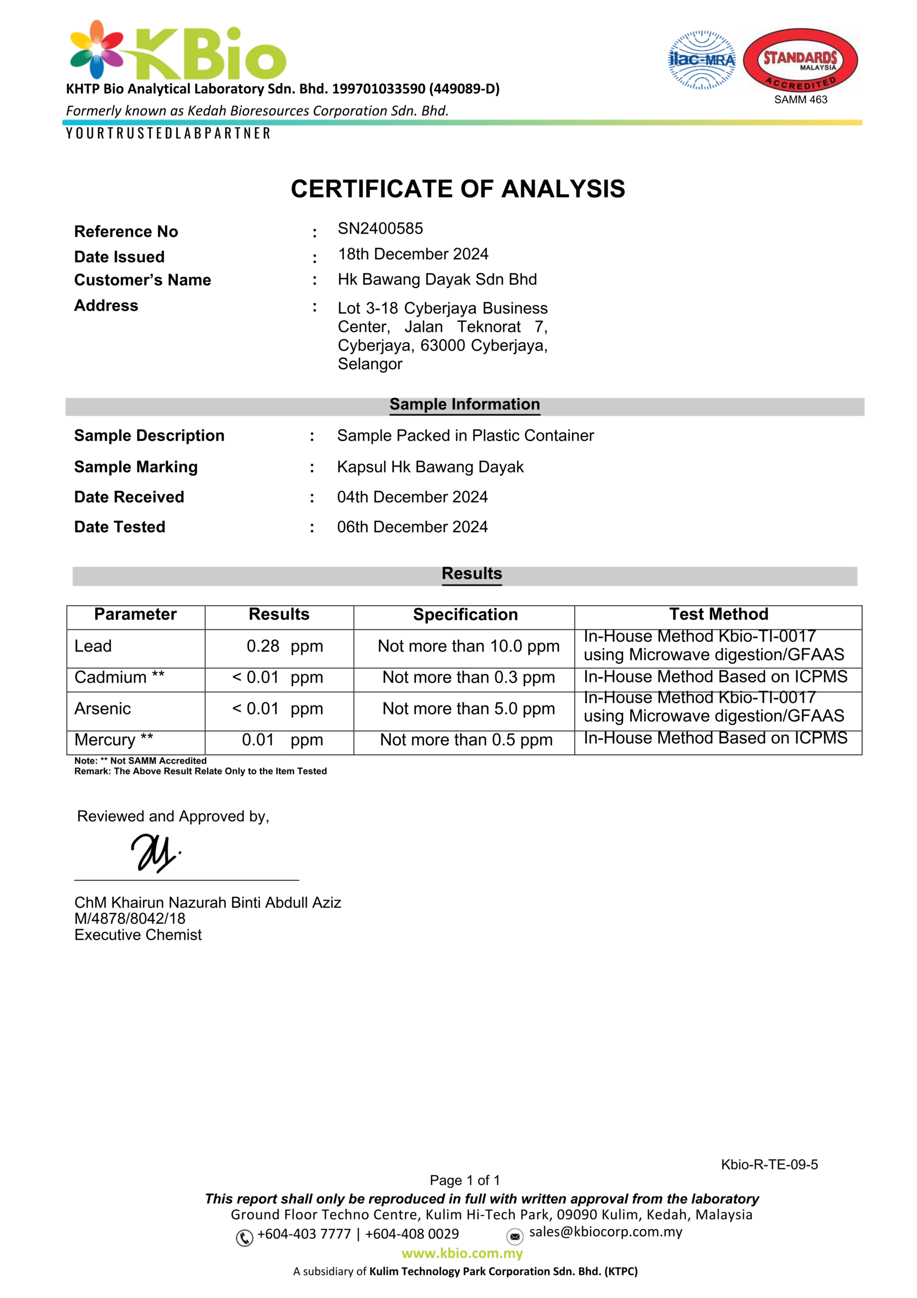 CERTIFICATE OF ANALYSIS 1