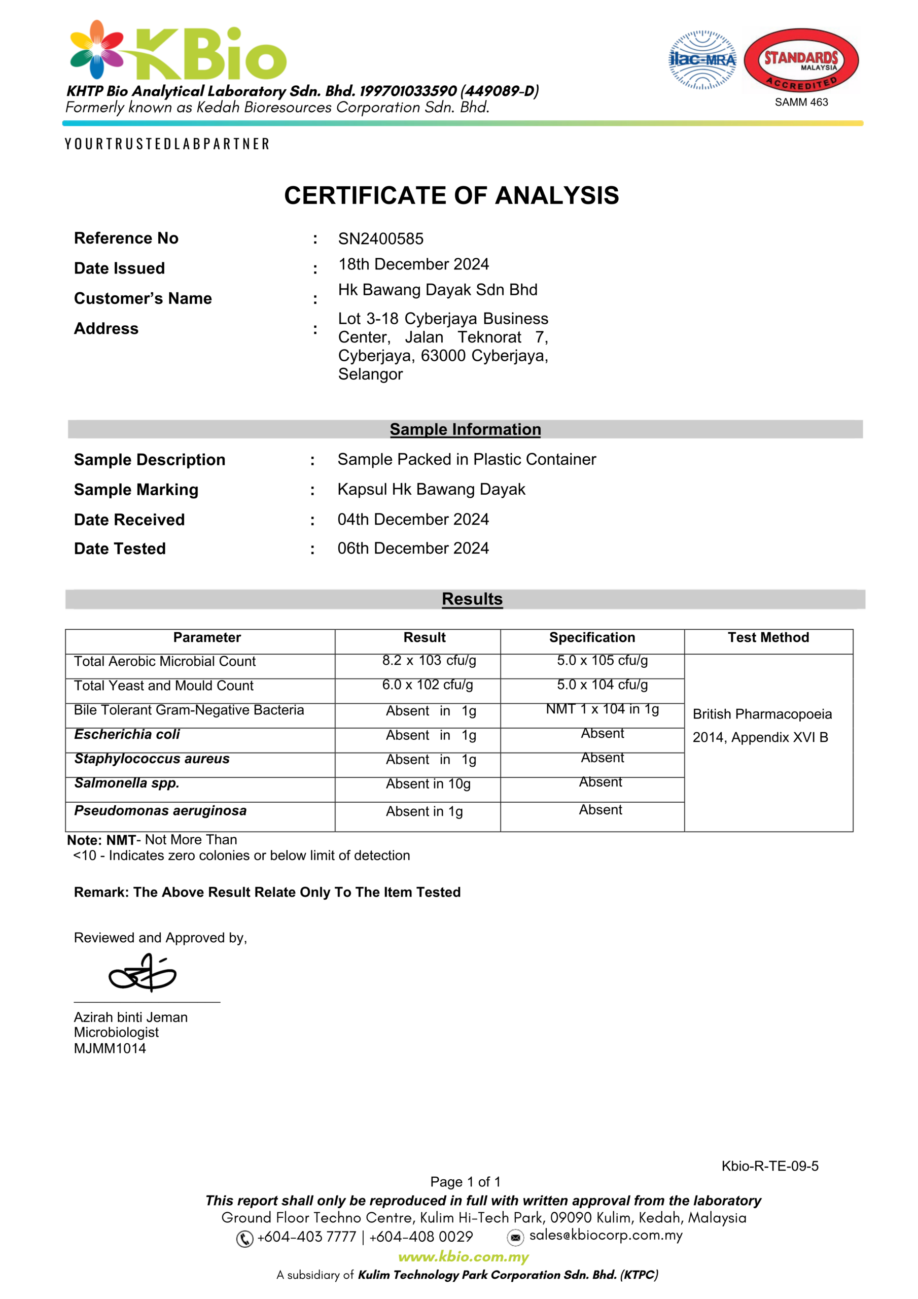 CERTIFICATE OF ANALYSIS 2